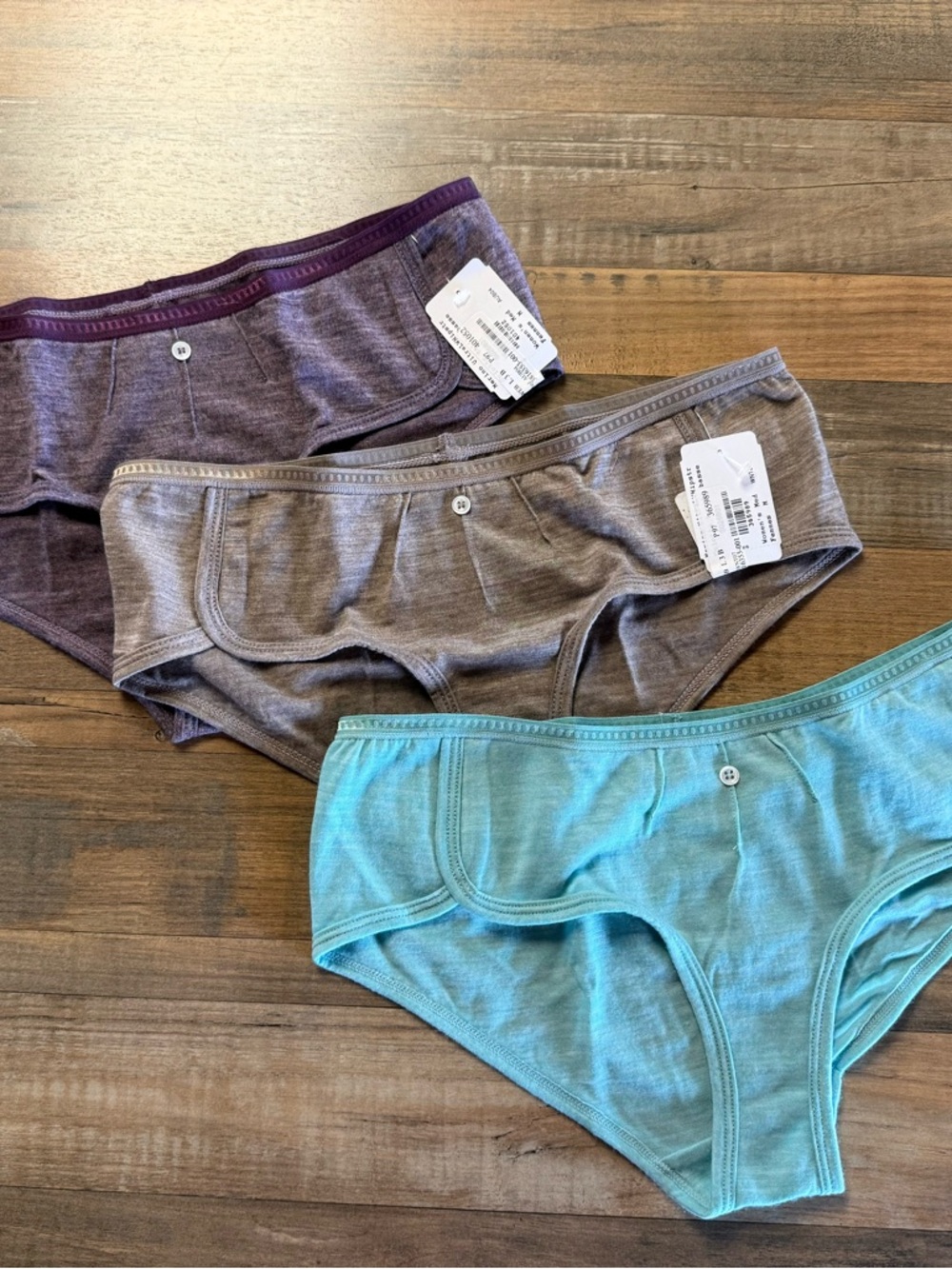 MEC Women's merino wool Bikini Briefs Trio in Purple, Gray, and Teal